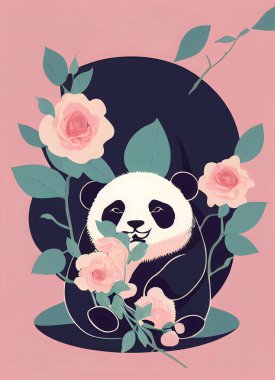 Çiçek süslemeli şirin bir bebek panda çizimi..