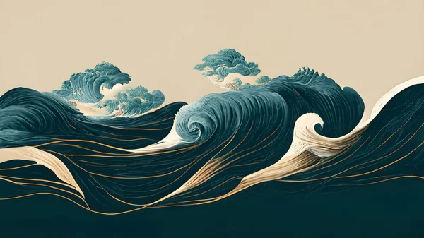 Japanese illustration of great ocean waves as wallpaper. Old texture. (Style by Katsushika Hokusai)