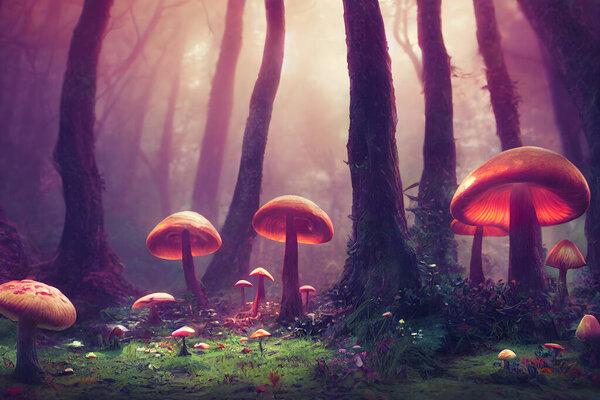 An illustrative painting with detail of a forest with many mushrooms and flowers in the dense grass of a forest.