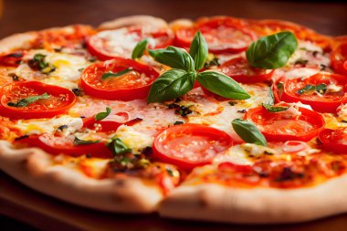 Domatesli ve fesleğenli pizzanın makro çizimli figürü. Durgun hayat. Arka plan bulanık. 3 Boyutlu Hazırlama.