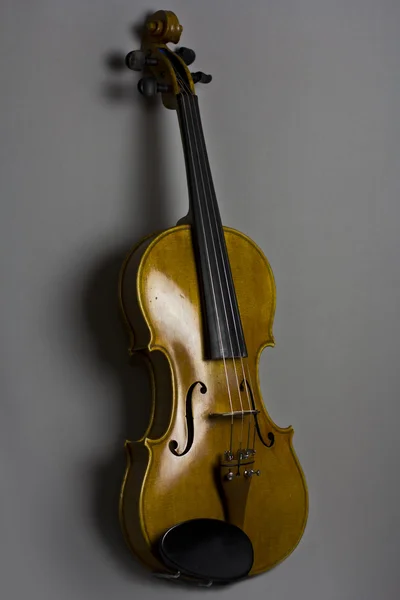 Schöne handgemachte Geige auf grauem Stoff. — Stockfoto