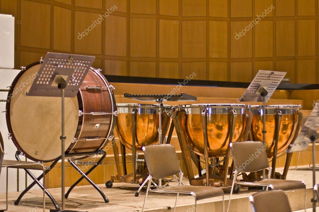 Group of classical percussion instruments on a large wooden stage — Stock Photo © rubchikovaa