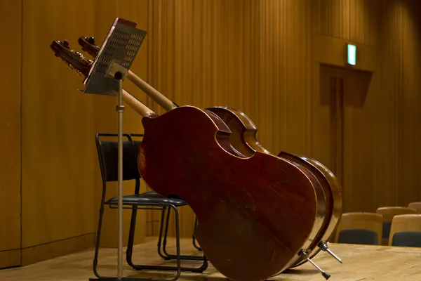 Contrabass on stage in front of an empty hall — Stock Photo, Image