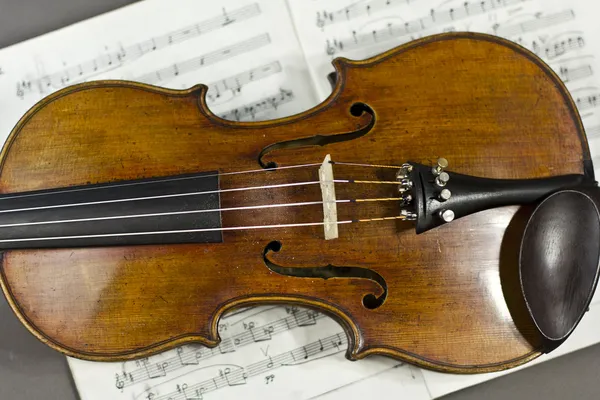 Hermoso violín en una partitura de fondo. instrumento musical. instrumento de cuerda. violín —  Fotos de Stock