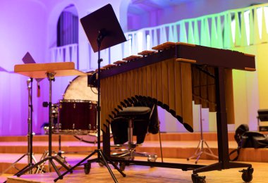 Konser salonunda perküsyon. Perküsyon aletleri. Ksilofon