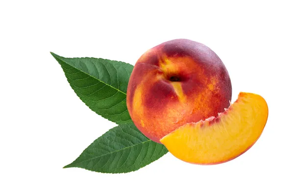 Fresh Nectarine Peach Slice Leaves Isolated White Background — Stock Photo, Image