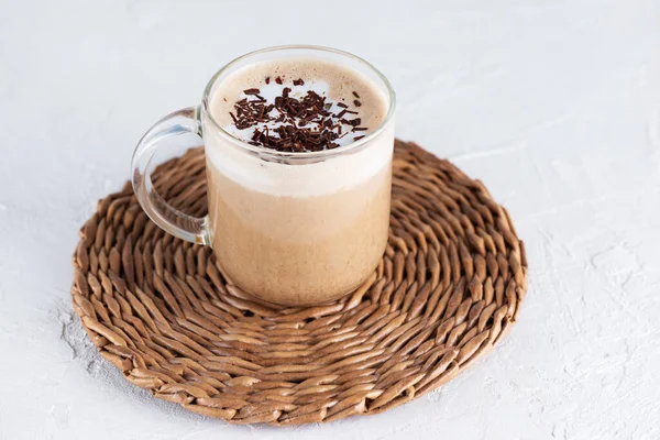 Mochaccino Végétalien Chocolat Lait Coco Dans Une Tasse Verre — Photo