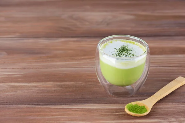 Vegano Matcha Con Leche Coco Semillas Cáñamo Vaso Orientación Horizontal — Foto de Stock