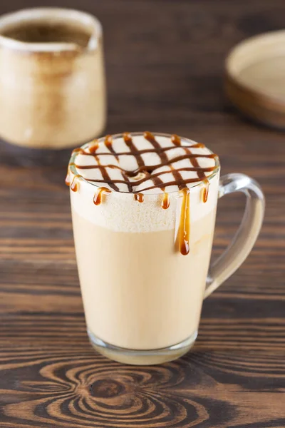 Caremel Latte Macchiato Coconut Milk Glass Mug Wooden Table — Stockfoto