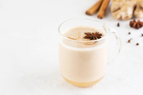Vegan Masala Tea Coconut Milk Spices Glass Mug Selective Focus — Stock Fotó