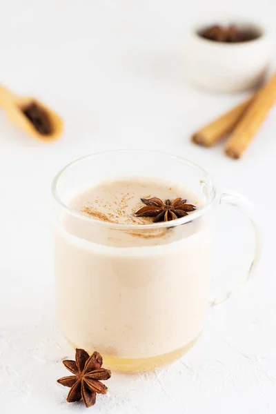 Masala Chai Milk Anise Cinnamon Ginger Pepper Glass Cup Selective — Stock Fotó