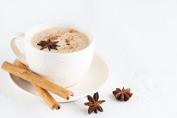 Masala Chai Coconut Milk Spices Mug White Table Selective Focus — стоковое фото