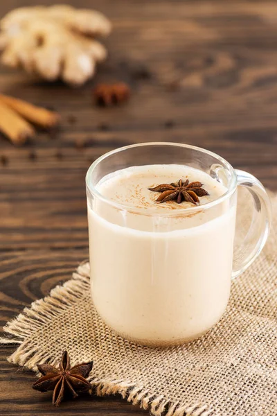 Masala Chai Spices Glass Cup Wooden Table Selective Focus — Stockfoto
