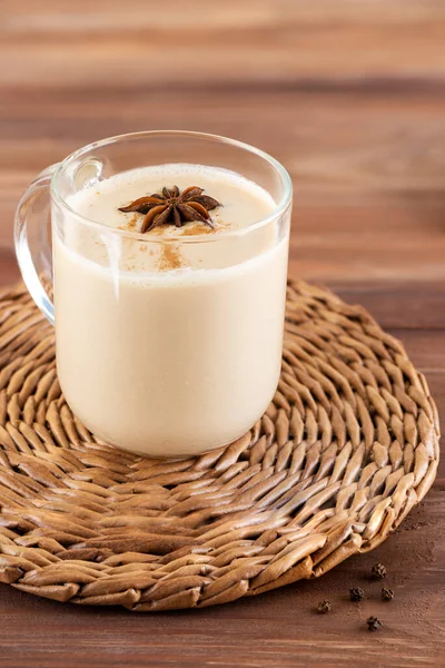 Homemade Masala Tea Coconut Milk Ginger Root Spices Glass Mug — Stock Fotó