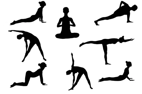 Çeşitli pozlardaki kadın siluetleri beyaz arka planda izole edilmiş. Yoga, spor, asana.