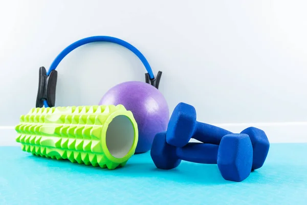 Sports Equipment Dumbbells Roll Ring Ball Blue Mat — Stock Photo, Image
