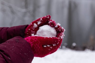 Kırmızı eldivenli el bir kartopu tutar.