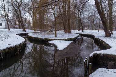 Güzel kış manzarası, karla kaplı ağaçlar, bir dere ve kıyı manzarası.