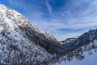 Tatras 'taki dağ manzarası, karla kaplı dağ manzarası, dondurucu güneşli hava.
