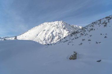 Tatras 'taki dağ manzarası, karla kaplı dağ manzarası, dondurucu güneşli hava.