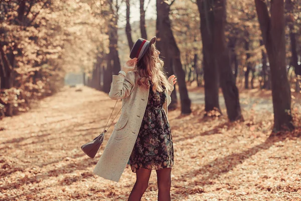 Happy Young Curly Girl Dressed White Coat Hat Thin Dress — Stock Photo, Image