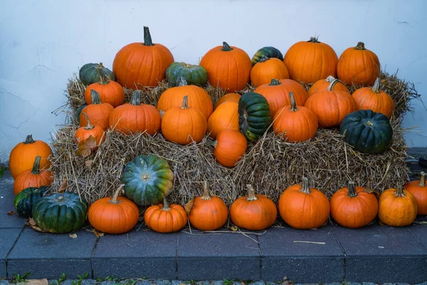 Orange Pumpor Olika Storlekar Höet Som Dekoration Före Halloween Fotot — Stockfoto