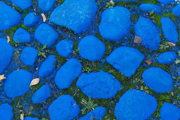 top view on the stones painted with blue paint on the road, grass grows between the stones, blue river stones