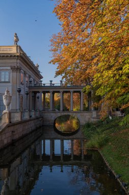 Suyun mavi gökyüzünün arka planında sarı yapraklı ağaçlarla aktığı sarayın güzel bir manzarası. Köprü suya yansıyor. Lazienki Varşova Sarayı 'na.