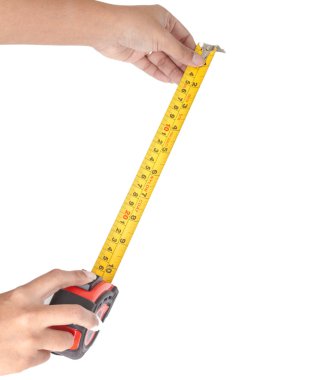 human hand with tape-measure isolated on white