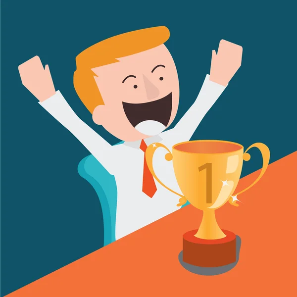 Happy business man with first trophy — Stock Vector