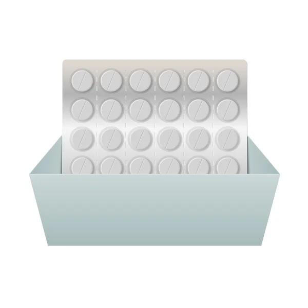 Tabletten in einer Blisterverpackung in einer Schachtel. Vektorillustration. — Stockvektor