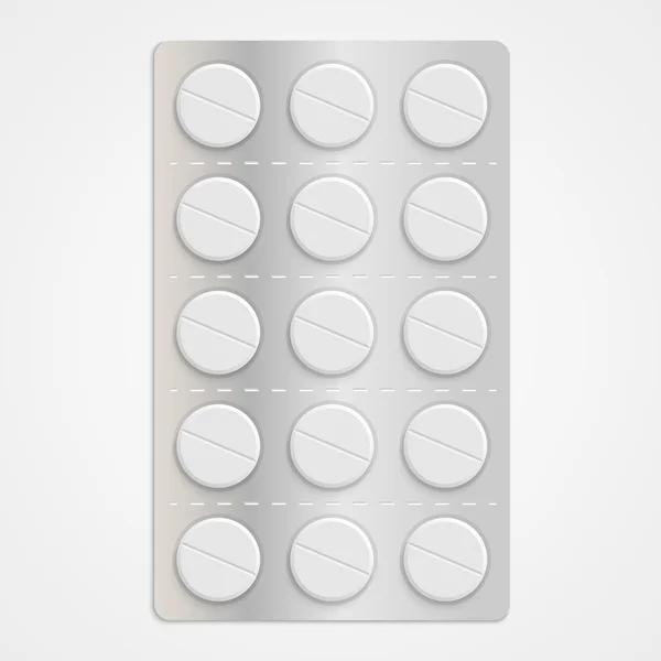 White realistic medical pills in blister pack. — Stock Vector