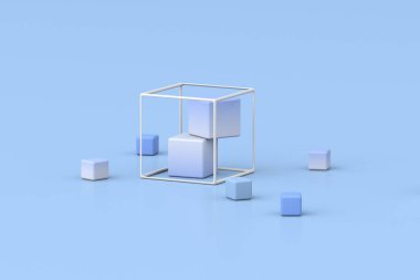 Mavi arkaplanda geometrik bileşimin 3d görüntülenmesi.