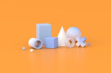 Turuncu arkaplanda geometrik kompozisyonun 3d görüntülenmesi.