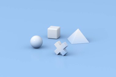 Mavi arkaplanda geometrik bileşimin 3d görüntülenmesi.