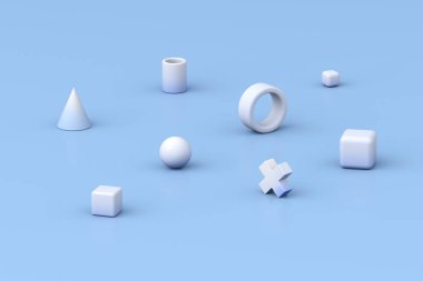 Mavi arkaplanda geometrik bileşimin 3d görüntülenmesi.