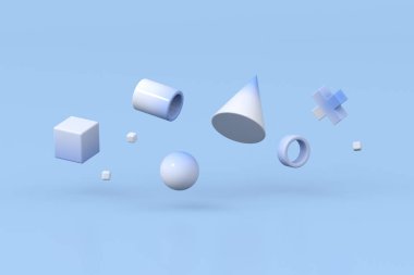 Mavi arkaplanda geometrik bileşimin 3d görüntülenmesi.