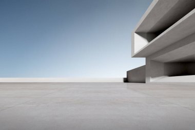 3D beton mimari, otoparklı, boş beton zemin..
