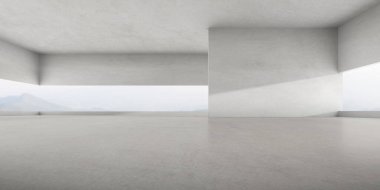Doğa arka planında büyük duvar yapısı olan boş beton odanın 3D görüntüsü.