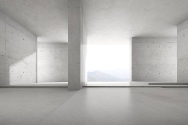 Doğa arka planında büyük duvar yapısı olan boş beton odanın 3D görüntüsü.