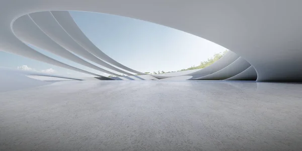 Otopark ve boş beton zemin ile 3D fütüristik beton mimari.