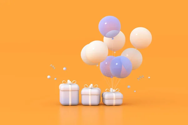 三维渲染礼品盒和气球 最低限度概念 — 图库照片