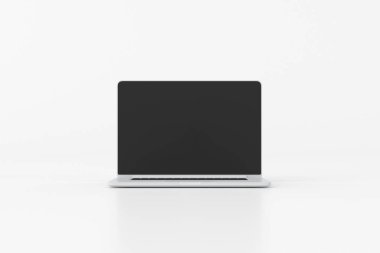 Beyaz arka planda siyah ekranlı dizüstü bilgisayarın tasviri. 3d oluşturma.