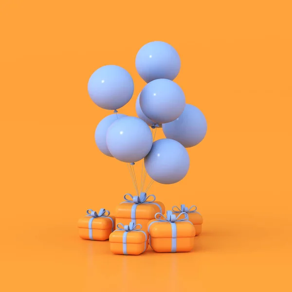 Renderização Caixas Presente Laranja Balões Azuis Conceito Mínimo — Fotografia de Stock
