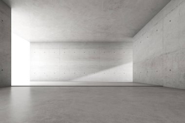 Duvarda gölgesi olan boş beton odanın 3D görüntüsü.