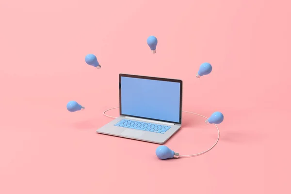 青い電球のノートパソコン — ストック写真