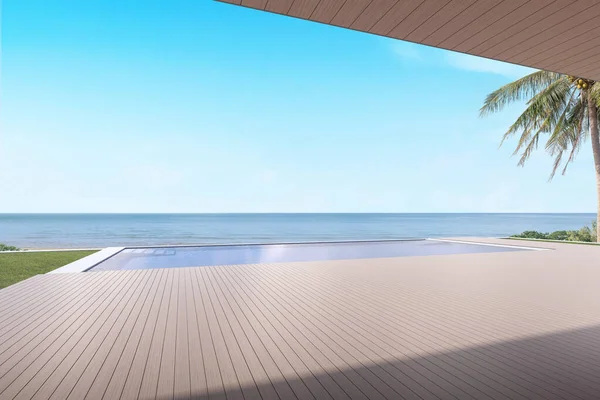 Lussuosa Terrazza Legno Piscina Sullo Sfondo Vista Mare Illustrazione — Foto Stock