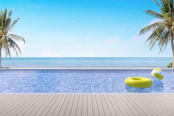 3d illustration of wooden terrace and swimming pool on sea view background.