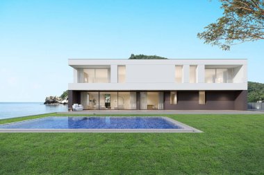 Denizde yüzme havuzlu modern lüks evin 3D görüntüsü..