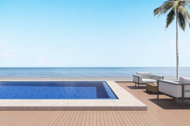 Lüks ahşap teras ve deniz manzaralı havuz. 3d illüstrasyon.